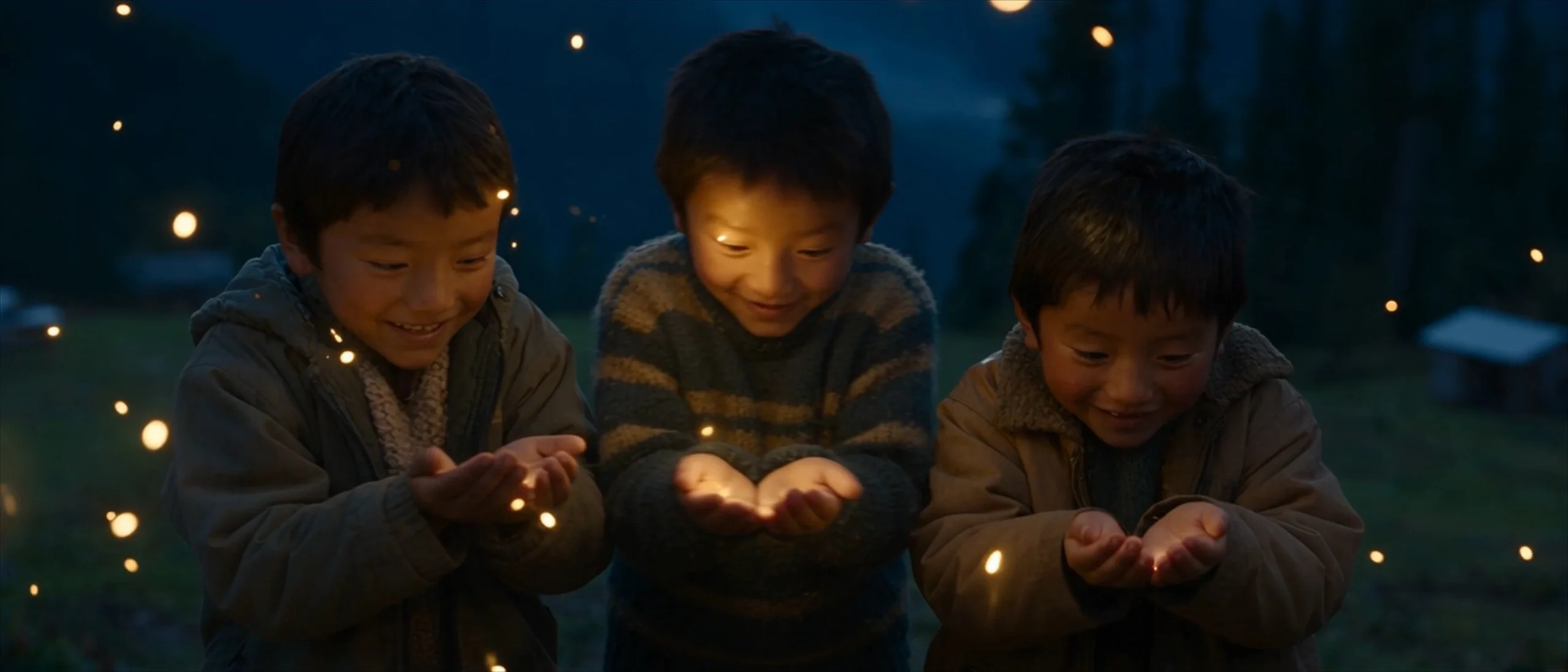 Three children holding glowing fireflies at night in Fireflies of the Ridge