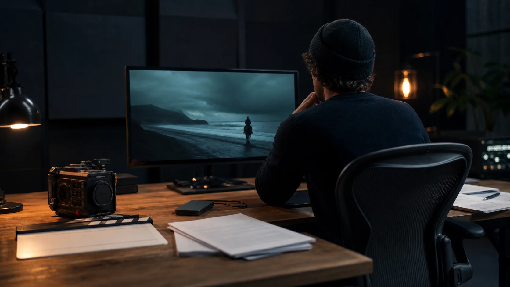 Filmmaker reviewing an AI-generated video beside production and licensing documents