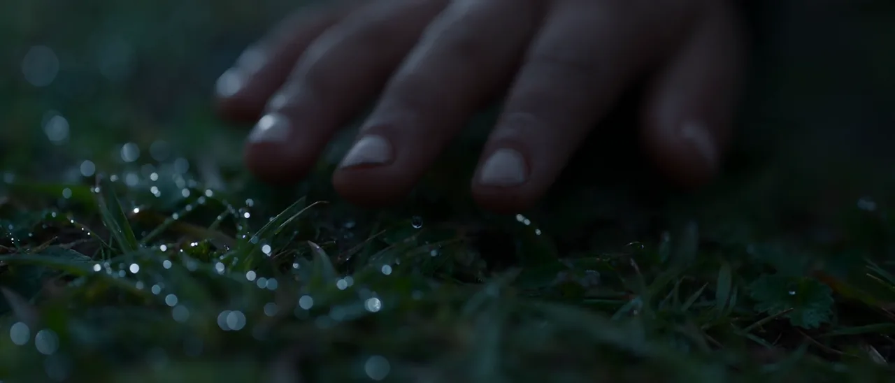 Close-up of a child eye reflecting fireflies in a moonlit AI-generated short film